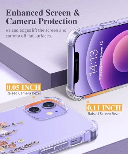 iPhone 12 va iPhone 12 Pro uchun GVIEWIN guli gʻilofi, ekran va kamera himoyasi bilan, [sargʻaymaydigan] ayollar uchun yumshoq zarbaga chidamli shaffof telefon gʻilofi, gul naqshli 6.1
