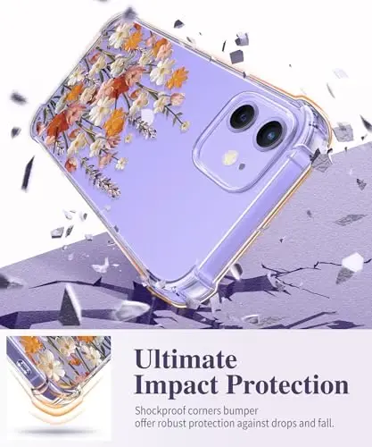 iPhone 12 va iPhone 12 Pro uchun GVIEWIN guli gʻilofi, ekran va kamera himoyasi bilan, [sargʻaymaydigan] ayollar uchun yumshoq zarbaga chidamli shaffof telefon gʻilofi, gul naqshli 6.1