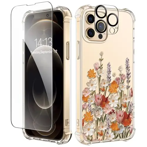 iPhone 12 va iPhone 12 Pro uchun GVIEWIN guli gʻilofi, ekran va kamera himoyasi bilan, [sargʻaymaydigan] ayollar uchun yumshoq zarbaga chidamli shaffof telefon gʻilofi, gul naqshli 6.1