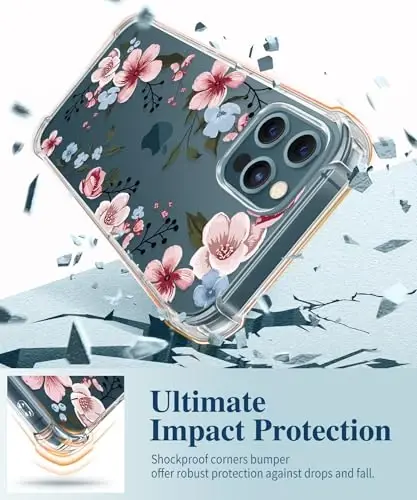 iPhone 12 va iPhone 12 Pro uchun GVIEWIN guli gʻilofi, ekran va kamera linzalari uchun himoyachi bilan, [sargʻaymaydigan] ayollar uchun yumshoq zarbaga chidamli shaffof telefon himoya gʻilofi, gul naqshli 6,1 dyuym (Catharanthus) - 4