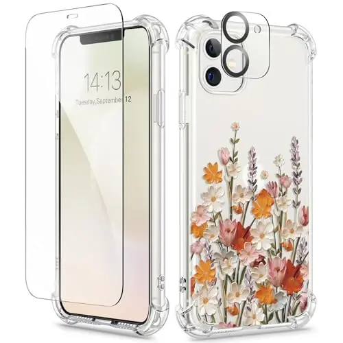 GVIEWIN for iPhone 11 Case Floral, with Screen Protector&Camera Lens Protector,[Non Yellowing] Soft Shockproof Clear Phone Protective Cover for Women, Flower Pattern Design 6.1