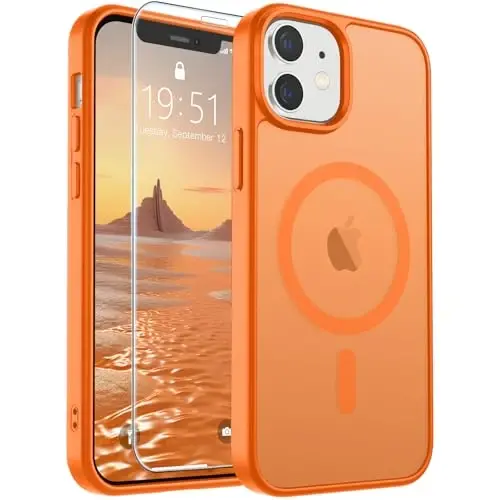 iPhone 12/12 Pro uchun SUPFINE magnitli g'ilof (Ekran himoyasi bilan) (MagSafe bilan mos keladi) (Harbiy darajadagi tushishdan himoya) Shaffof matli zarbaga chidamli telefon g'ilofi, Yulduzli to'q sariq 
