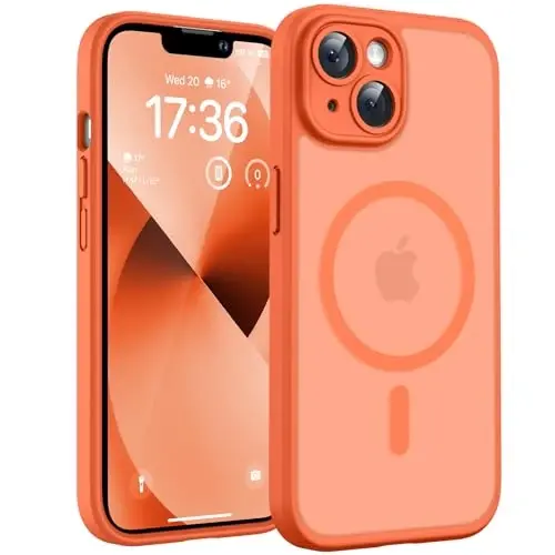iPhone 13 6.1 inç için TOCOL Kılıf, Magsafe Şarj Cihazı ile Uyumlu, Tam Kamera Koruması, Düşme Koruması, Yarı Saydam Mat Telefon Kılıfı (Turuncu) 