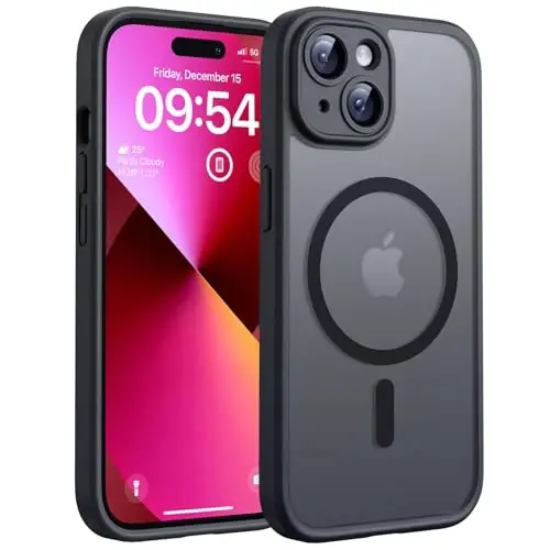 iPhone 13 ғилофи учун TOCOL, Тушишдан ҳимоя, Magsafe билан мос келадиган, Тўлиқ камера ҳимояси, iPhone 13 6.1 дюйм учун ярим шаффоф магнитли мато телефон ғилофи (Қора) 