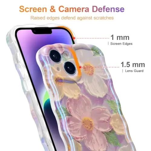 EYZUTAK Case for iPhone 13, Colorful Retro Oil Painting Printed Flower Laser Beam Glossy Pattern Cute Curly Waves Border Exquisite Phone Cover Stylish Durable TPU Protective Case for Girls Women -Pink - 4