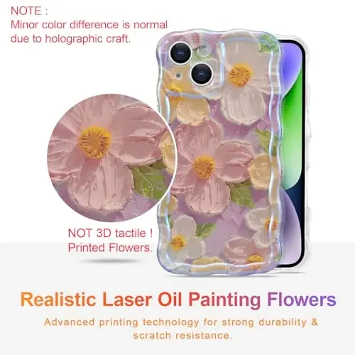 EYZUTAK Case for iPhone 13, Colorful Retro Oil Painting Printed Flower Laser Beam Glossy Pattern Cute Curly Waves Border Exquisite Phone Cover Stylish Durable TPU Protective Case for Girls Women -Pink - 2