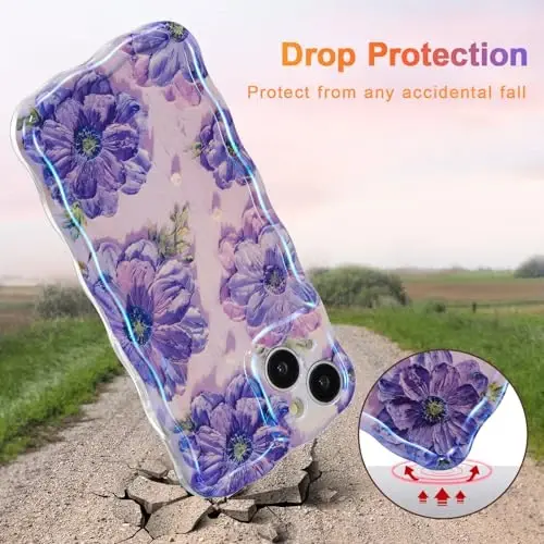 EYZUTAK Case for iPhone 13, Colorful Retro Oil Painting Printed Flower Laser Glossy Pattern Cute Curly Waves Border Exquisite Phone Cover Stylish Durable TPU Protective Case for Girls Women - Purple - 3