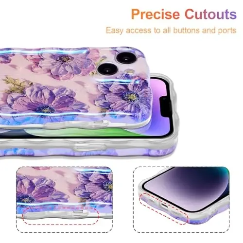EYZUTAK Case for iPhone 13, Colorful Retro Oil Painting Printed Flower Laser Glossy Pattern Cute Curly Waves Border Exquisite Phone Cover Stylish Durable TPU Protective Case for Girls Women - Purple - 5