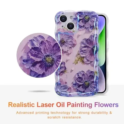 EYZUTAK Case for iPhone 13, Colorful Retro Oil Painting Printed Flower Laser Glossy Pattern Cute Curly Waves Border Exquisite Phone Cover Stylish Durable TPU Protective Case for Girls Women - Purple - 2