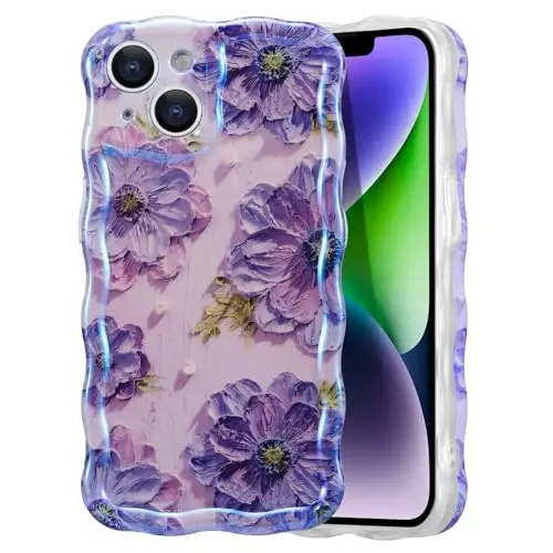 iPhone 13 için EYZUTAK Kılıfı, Renkli Retro Yağlı Boya Baskılı Çiçek Lazer Parlak Desen Sevimli Kıvrımlı Dalgalar Kenarlık Zarif Telefon Kapağı Şık Dayanıklı TPU Koruyucu Kılıf Kızlar Kadınlar için - Mor 