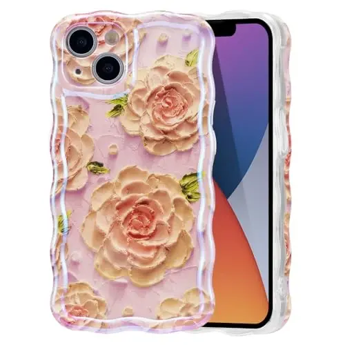 EYZUTAK Case for iPhone 13, Colorful Retro Oil Painting Flower Laser Glossy Pattern Cute Curly Waves Edge Exquisite Phone Cover Stylish Durable TPU Protective Case for Girls Women - Pink Peony 