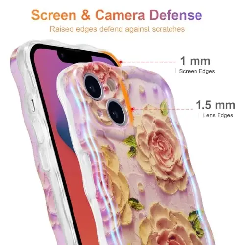 EYZUTAK Case for iPhone 13, Colorful Retro Oil Painting Flower Laser Glossy Pattern Cute Curly Waves Edge Exquisite Phone Cover Stylish Durable TPU Protective Case for Girls Women - Pink Peony - 4