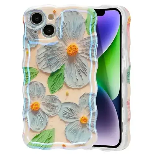 EYZUTAK Case for iPhone 13, Colorful Retro Oil Painting Flower Leaves Laser Glossy Pattern Cute Curly Waves Edge Exquisite Phone Cover Stylish Durable TPU Protective Case for Girls Women - Blue Green 