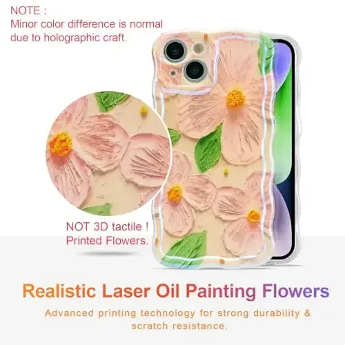 EYZUTAK Case for iPhone 13, Colorful Retro Oil Painting Flower Leaves Laser Glossy Pattern Cute Curly Waves Edge Exquisite Phone Cover Stylish Durable TPU Protective Case for Girls Women - Pink Green - EYZUTAK (1)
