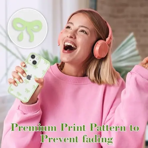 EYZUTAK Case for iPhone 13, Clear Cute Ribbon Bowknot Pattern Aesthetic Transparent Phone Case Raised Camera Protection Stylish Slim Soft Durable TPU Protective Cover for Women Girls - Green - 6