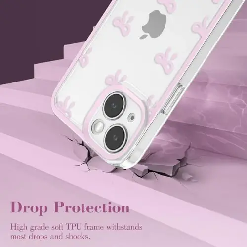 EYZUTAK Case for iPhone 13, Clear Cute Ribbon Bowknot Pattern Aesthetic Transparent Phone Case Raised Camera Protection Stylish Slim Soft Durable TPU Protective Cover for Women Girls - Pink - 3