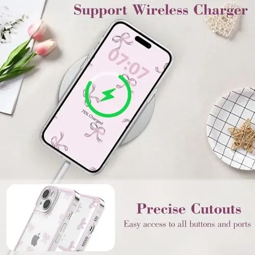 EYZUTAK Case for iPhone 13, Clear Cute Ribbon Bowknot Pattern Aesthetic Transparent Phone Case Raised Camera Protection Stylish Slim Soft Durable TPU Protective Cover for Women Girls - Pink - 5