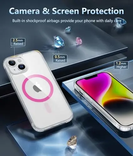 iPhone 13 için FNTCASE Telefon Kılıfı: Şeffaf Telefon Kılıfı Manyetik Askeri Sınıf Düşme Koruması Sararmaya Karşı Hücresel Telefon Kılıfı - Sağlam Darbeye Dayanıklı Koruyucu Tampon (F-Sıcak Pembe) - 5