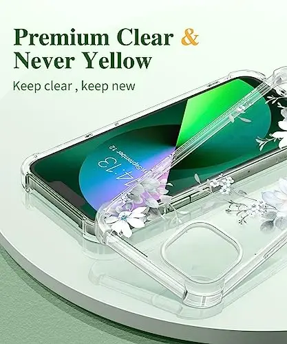 iPhone 13 için GVIEWIN Çiçekli Kılıf, Ekran Koruyucu ve Kamera Lens Koruyucu ile, [Sararma Yapmaz] Kadınlar için Yumuşak Darbeye Dayanıklı Şeffaf Telefon Koruyucu Kılıf, Çiçek Desenli Tasarım 6.1