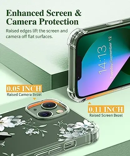 iPhone 13 için GVIEWIN Çiçekli Kılıf, Ekran Koruyucu ve Kamera Lens Koruyucu ile, [Sararma Yapmaz] Kadınlar için Yumuşak Darbeye Dayanıklı Şeffaf Telefon Koruyucu Kılıf, Çiçek Desenli Tasarım 6.1