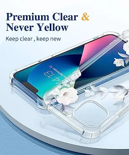 iPhone 13 için GVIEWIN Çiçekli Kılıf, Ekran Koruyucu ve Kamera Lens Koruyucu ile, [Sararmaz] Kadınlar için Yumuşak Darbeye Dayanıklı Şeffaf Telefon Koruyucu Kılıf, Çiçek Desenli Tasarım 6.1