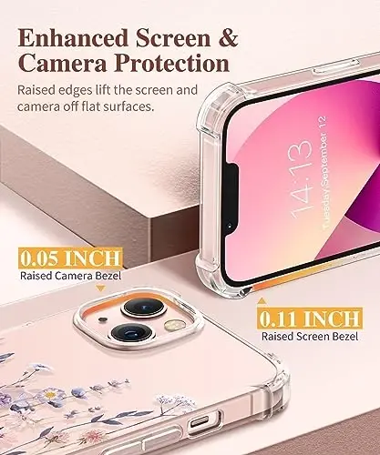 iPhone 13 için GVIEWIN Çiçekli Kılıf, Ekran Koruyucu ve Kamera Lens Koruyucu ile, [Sararmaz] Yumuşak Darbeye Dayanıklı Şeffaf Kadın Telefon Koruyucu Kılıf, Çiçek Desenli Tasarım 6.1
