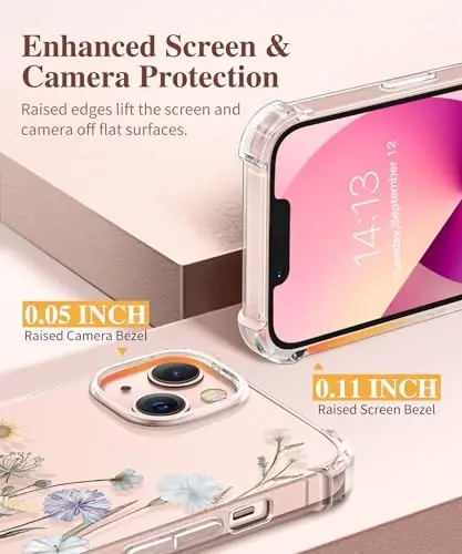 iPhone 13 için GVIEWIN Çiçekli Kılıf, Ekran Koruyucu ve Kamera Lens Koruyuculu, [Sararma Yapmaz] Yumuşak Darbe Emici Şeffaf Kadın Telefon Kılıfı, Çiçek Desenli Tasarım 6.1