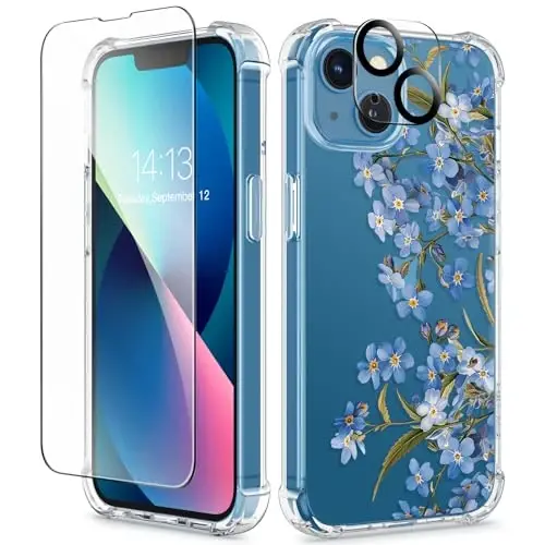 iPhone 13 için GVIEWIN Çiçekli Kılıf, Ekran Koruyucu ve Kamera Lens Koruyuculu, [Sararmaz] Yumuşak Darbe Emici Şeffaf Kadın Telefon Kılıfı, Çiçek Desenli Tasarım 6.1