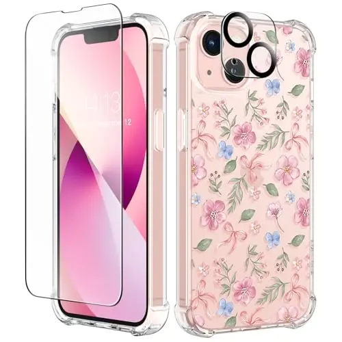iPhone 13 için GVIEWIN Çiçekli Kılıf, Ekran Koruyucu ve Kamera Lensi Koruyucu ile, [Sararma Yapmaz] Kadınlar için Yumuşak Darbe Emici Şeffaf Telefon Koruyucu Kılıf, Çiçek Desenli Tasarım 6.1