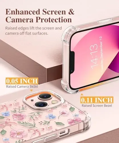 iPhone 13 için GVIEWIN Çiçekli Kılıf, Ekran Koruyucu ve Kamera Lensi Koruyucu ile, [Sararma Yapmaz] Kadınlar için Yumuşak Darbe Emici Şeffaf Telefon Koruyucu Kılıf, Çiçek Desenli Tasarım 6.1