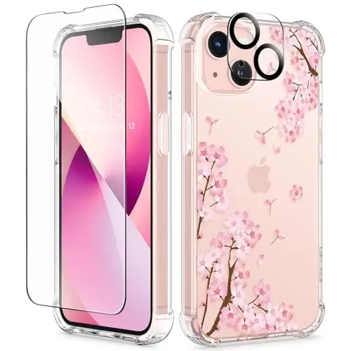 iPhone 13 için GVIEWIN Çiçekli Kılıf, Ekran Koruyucu ve Kamera Lensi Koruyucu ile, [Sararma Yapmaz] Kadınlar için Yumuşak Darbe Emici Şeffaf Telefon Koruyucu Kılıf, Çiçek Desenli Tasarım 6.1