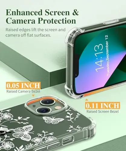 iPhone 13 için GVIEWIN Çiçekli Kılıf, Ekran Koruyucu ve Kamera Lensi Koruyucu ile, [Sararma Yapmaz] Kadınlar için Yumuşak Darbeye Dayanıklı Şeffaf Telefon Koruyucu Kılıf, Çiçek Desenli Tasarım 6.1