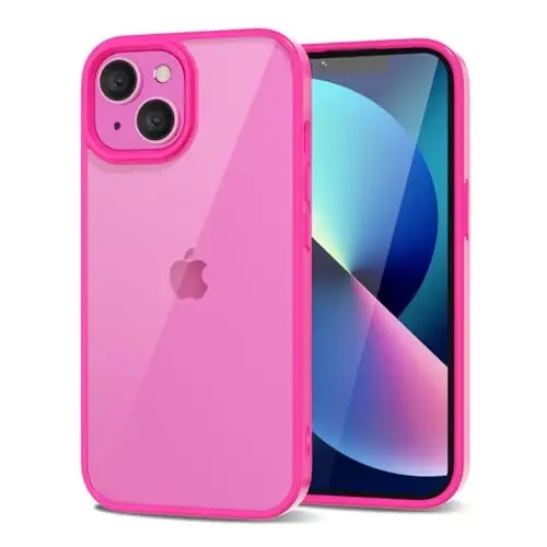 LoeoeL for iPhone 13 Case Clear, Transparent Hybrid 13 Phone Case [Hard Plastic & Soft Silicone Bumper] Acrylic Non Yellowing Thin Slim Protective Cover for Women, Neon Hot Pink - LOEOEL