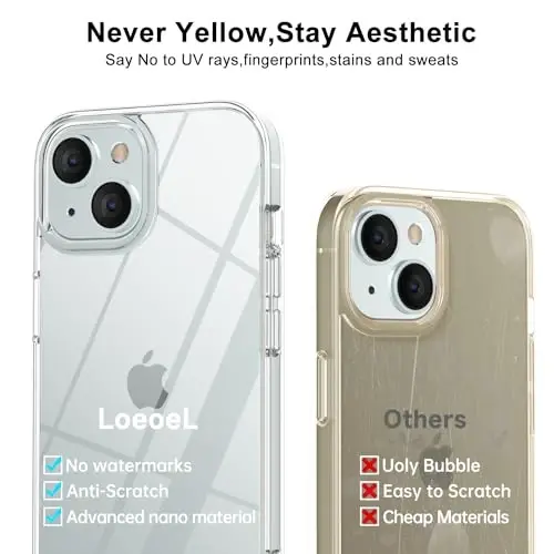 LoeoeL for iPhone 13 Case Clear, Transparent Hybrid 13 Phone Case [Hard Plastic & Soft Silicone Bumper] Acrylic Non Yellowing Thin Slim Protective Cover for Women, Crystal Clear - 13