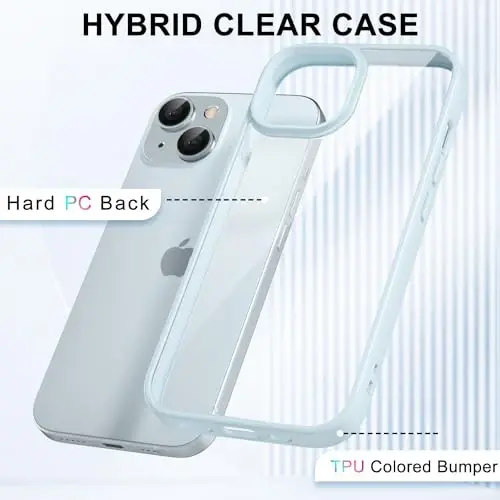 LoeoeL for iPhone 13 Case Clear, Transparent Hybrid 13 Phone Case [Hard Plastic & Soft Silicone Bumper] Acrylic Non Yellowing Thin Slim Protective Cover for Women, Light Blue - 3