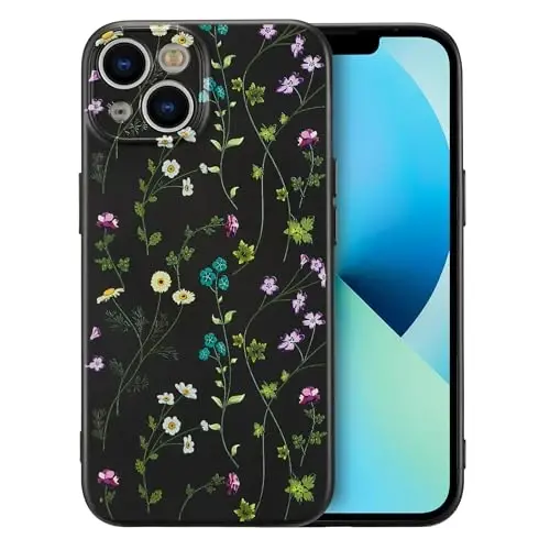 RALEAVO Floral Case for iPhone 13,Liquid Silicone Cover with Cute Flower Branch Pattern for Girls Women Slim Soft Rubber Protective Phone Case for iPhone 13 6.1