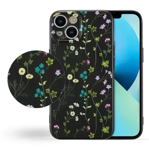 RALEAVO Floral Case for iPhone 13,Liquid Silicone Cover with Cute Flower Branch Pattern for Girls Women Slim Soft Rubber Protective Phone Case for iPhone 13 6.1