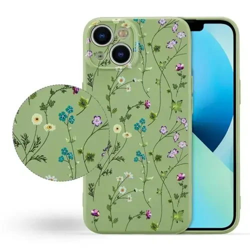 RALEAVO Floral Case for iPhone 13,Liquid Silicone Cover with Cute Flower Branch Pattern for Girls Women Slim Soft Rubber Protective Phone Case for iPhone 13 6.1