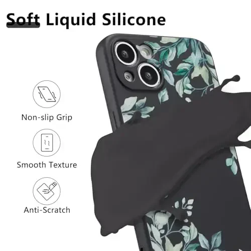 RALEAVO Case for iPhone 13,Liquid Silicone Cover with Cute Leaves Pattern Floral Phone Cover for Girls Women Slim Soft Rubber Protective Phone Case for iPhone 13 (6.1