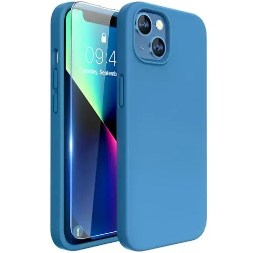 Miracase Designed for iPhone 13 Case, with Tempered Glass Screen Protector, [Soft Anti-Scratch Microfiber Lining], Shockproof Liquid Silicone Rubber Phone Case Cover for 13 6.1 inch, Capri Blue 