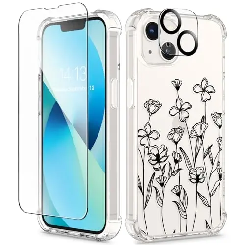 iPhone 13 Kılıf GVIEWIN Çiçekli, Ekran Koruyuculu ve Kamera Lens Koruyuculu, [Sararma Yapmaz] Yumuşak Darbeye Dayanıklı Şeffaf Kadın Telefon Kılıfı, Çiçek Desenli Tasarım 6.1
