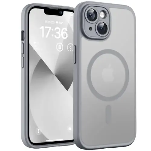 iPhone 13 Kılıf için TOCOL, Magsafe Şarj Cihazı ile Uyumlu, Tam Kamera Koruma, Düşme Koruması, iPhone 13 6.1 inç için Yarı Saydam Mat Telefon Kılıfı (Gri) 
