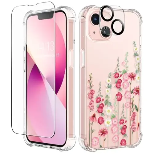 iPhone 13 Kılıfı GVIEWIN Çiçekli, Ekran Koruyucu ve Kamera Lens Koruyucu ile,[Sararmaz] Kadınlar için Yumuşak Darbeye Dayanıklı Şeffaf Telefon Koruyucu Kılıf, Çiçek Desenli Tasarım 6.1