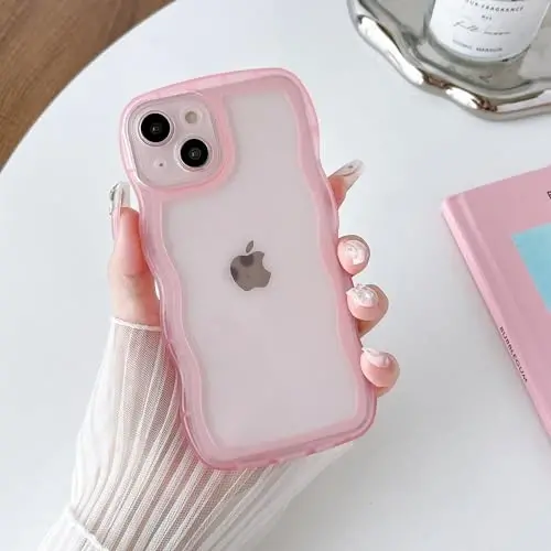FABSPARK Phone Case for iPhone 13 Case,Transparent Clear Solid Color Curly Wave Frame Soft Silicone Shockproof Protective TPU Cover for iPhone 13,Pink - 2