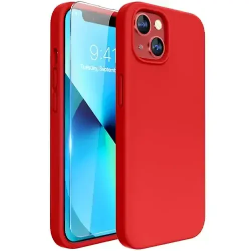 Miracase Designed for iPhone 13 Case, with Tempered Glass Screen Protector, [Soft Anti-Scratch Microfiber Lining], Shockproof Liquid Silicone Rubber Phone Cover Case for 13 6.1 inch, Red 