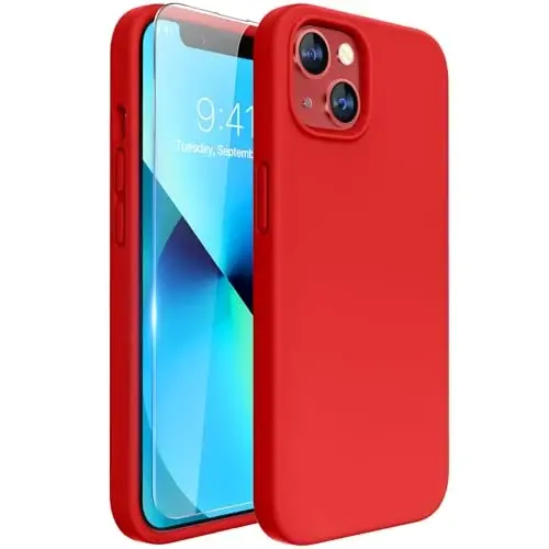 Miracase Designed for iPhone 13 Case, with Tempered Glass Screen Protector, [Soft Anti-Scratch Microfiber Lining], Shockproof Liquid Silicone Rubber Phone Cover Case for 13 6.1 inch, Red - MIRACASE
