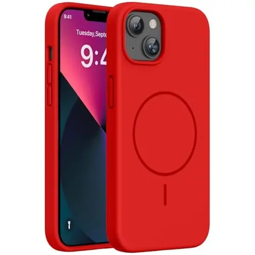 iPhone 13 Kılıfı için Tasarlanmış Miracase, Temperli Cam Ekran Koruyucu, [Yumuşak Çizilmez Mikrofiber Astar], 13 6.1 inç için Darbeye Dayanıklı Sıvı Silikon Kauçuk Telefon Kılıfı, Kırmızı 