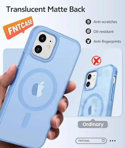 FNTCASE for iPhone 13/12 Mini Case, Fit for Magsafe, Translucent Matte Back | Magnetic Phone Cases, 14FT Military Grade Drop Protection, Slim Shockproof Protective Cover, Light Blue 