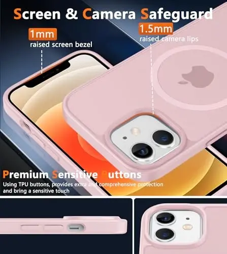 FNTCASE for iPhone 13 Mini Case: for iPhone 12 Mini Case [Compatible with Magsafe] Translucent Matte Magnetic Phone Cover - Military Grade Drop Protection Shockproof Protective Cases - Light Pink - 6