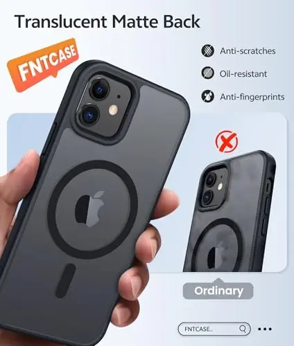 FNTCASE for iPhone 13/12 Mini Case, Fit for Magsafe, Translucent Matte Back | Magnetic Phone Cases, 14FT Military Grade Drop Protection, Slim Shockproof Protective Cover, Black 